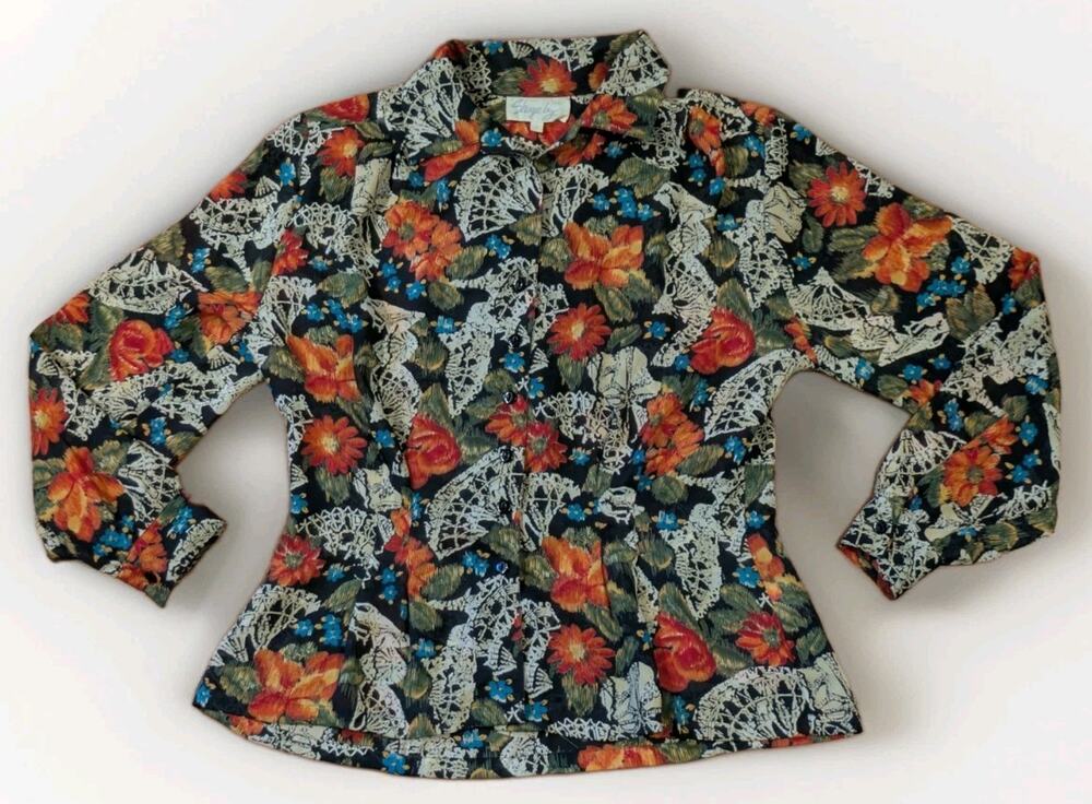 Vintage Shapely Womens 8 Floral Blouse 1980s Floral Button Up